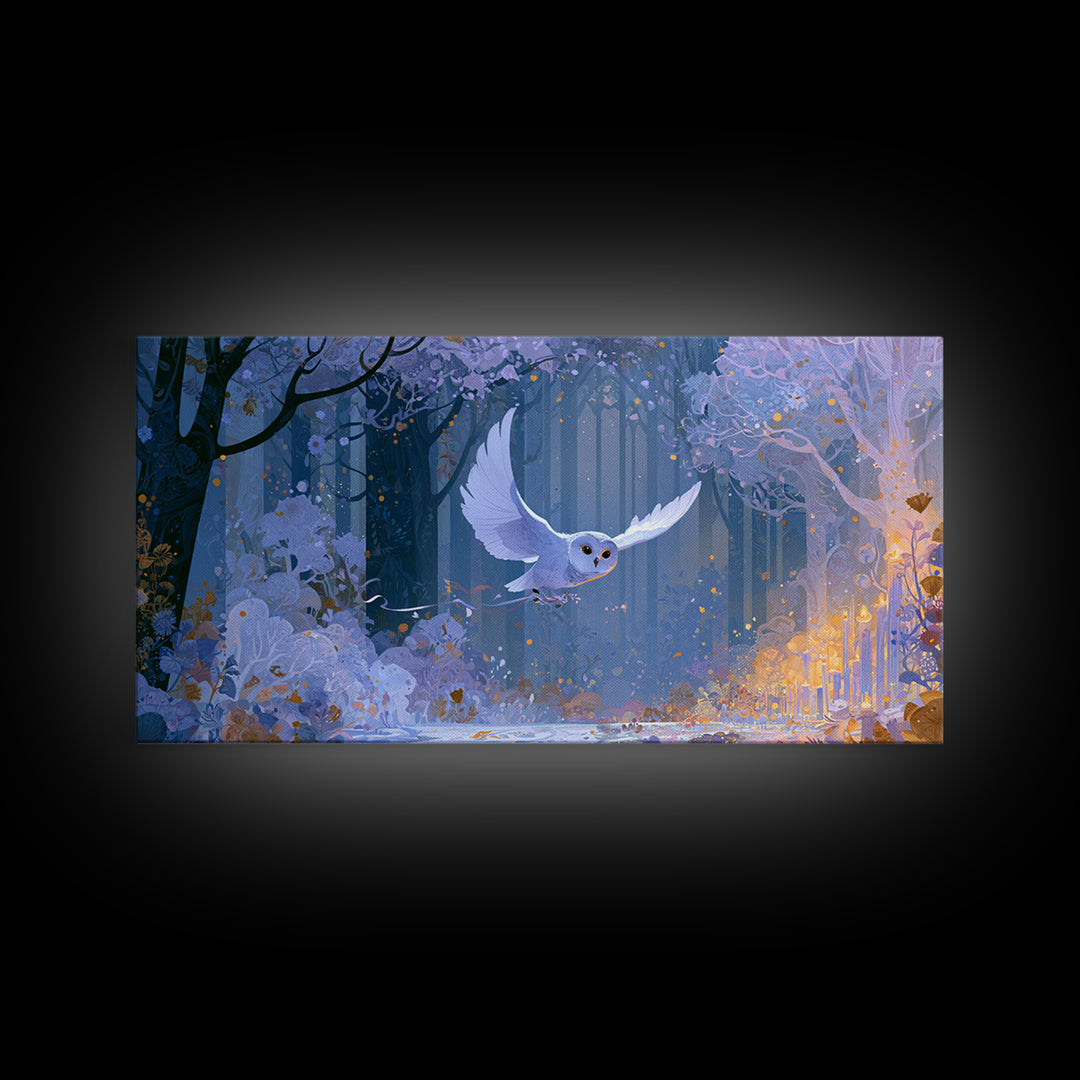 Owl Messenger Carrying a Tiny Ribbon Canvas Print, Fairy Tale Art, Canvas Wall Art, Living Room Decor, Fine Art, Storybook, FTA-2x1-61