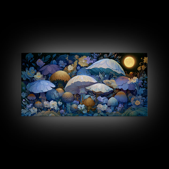 Fairy Ring of Mushrooms and Wildflowers Framed Canvas Print, Fairy Tale Art, Abstract Art, Living Room Decor, Storybook, FTA-2x1-65