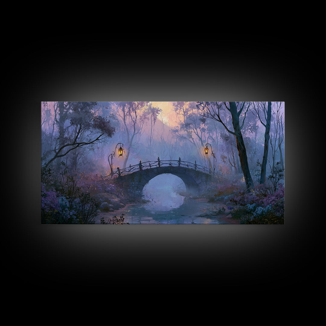 Lantern Lit Bridge Framed Canvas Print, Fairy Tale Art, Gallery Decor, Living Room Decor, Fine Art, Storybook, Wall Art, FTA-2x1-67