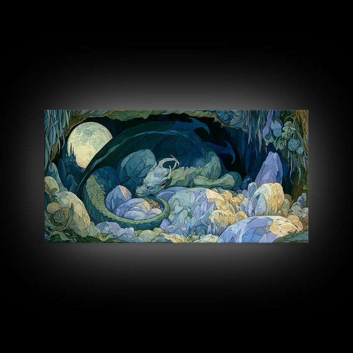 Sleeping Dragon in a Cave of Crystals Canvas Print, Fairy Tale Art, Nursery Wall Art, Living Room Decor, Watercolor Art, FTA-2x1-68