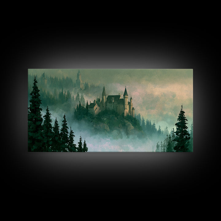 Storybook Castle on a Misty Hill Canvas Print, Fairy Tale Art, Original Art, Living Room Decor, Fine Art, Storybook, Folk Art, FTA-2x1-70