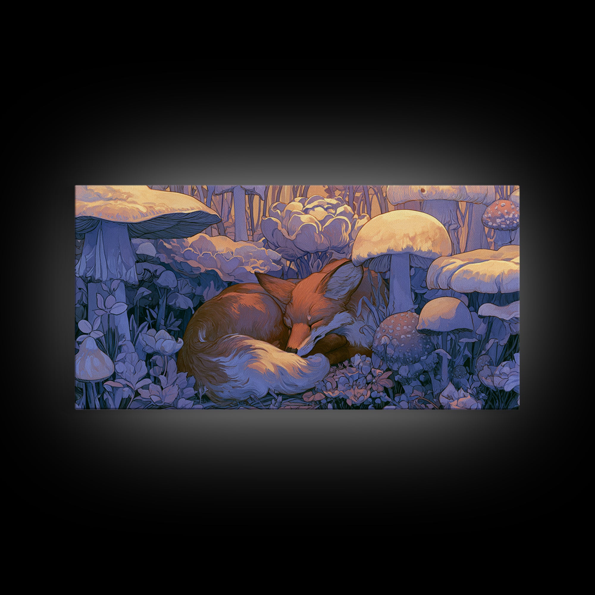 Sleeping Fox Beside a Magical Mushroom Ring Canvas Print, Fairy Tale Art, Kids Room Decor, Living Room Decor, Abstract Art, FTA-2x1-71