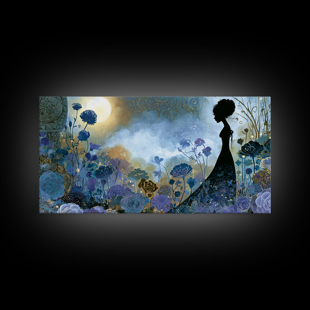 Princess Silhouette with Moonlit Garden Flowers Canvas Print, Fairy Tale Art, Art Nouveau, Living Room Decor, Storybook, FTA-2x1-72