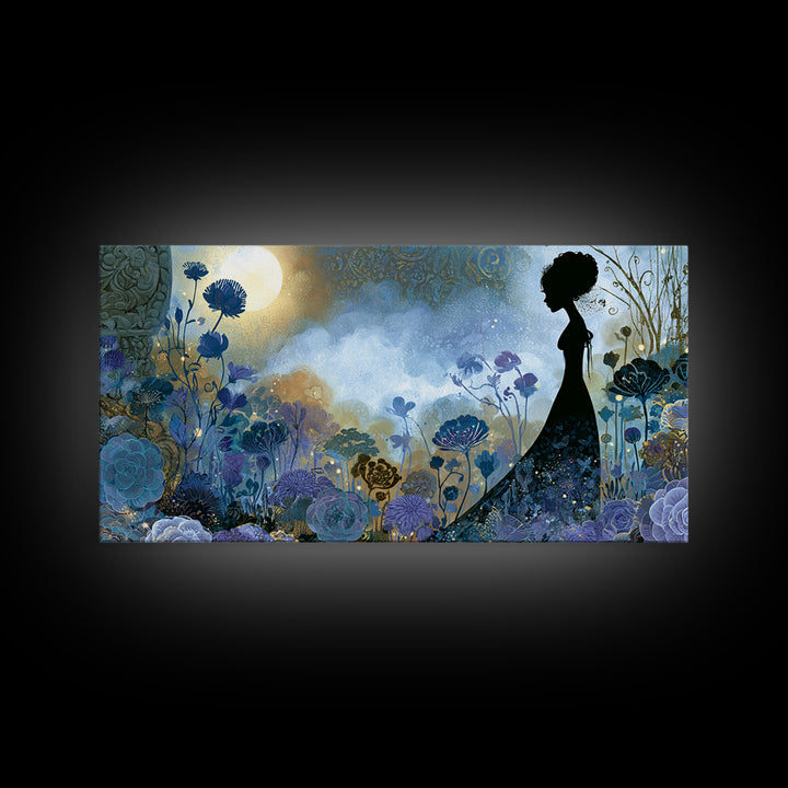 Princess Silhouette with Moonlit Garden Flowers Canvas Print, Fairy Tale Art, Art Nouveau, Living Room Decor, Storybook, FTA-2x1-72