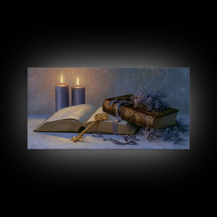 Golden Key and Enchanted Book Still Life Canvas Print, Fairy Tale Art, Boho Wall Art, Living Room Decor, Oil Painting, FTA-2x1-77