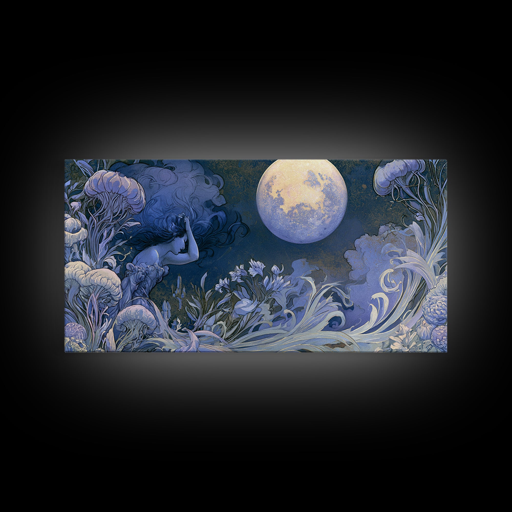 Mermaid Combing Hair Beneath a Pearl Moon Canvas Print, Fairy Tale Art, Luxury Decor, Living Room Decor, Storybook, FTA-2x1-8