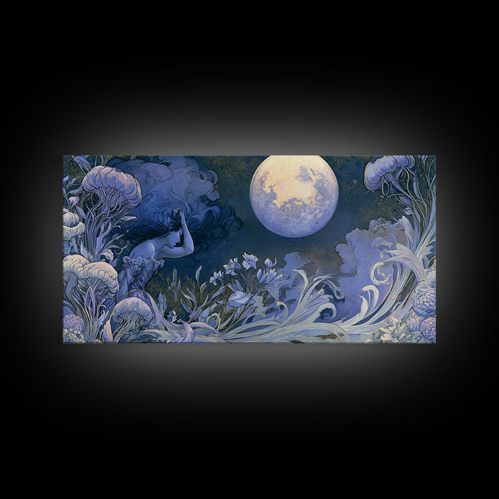 Mermaid Combing Hair Beneath a Pearl Moon Canvas Print, Fairy Tale Art, Luxury Decor, Living Room Decor, Storybook, FTA-2x1-8
