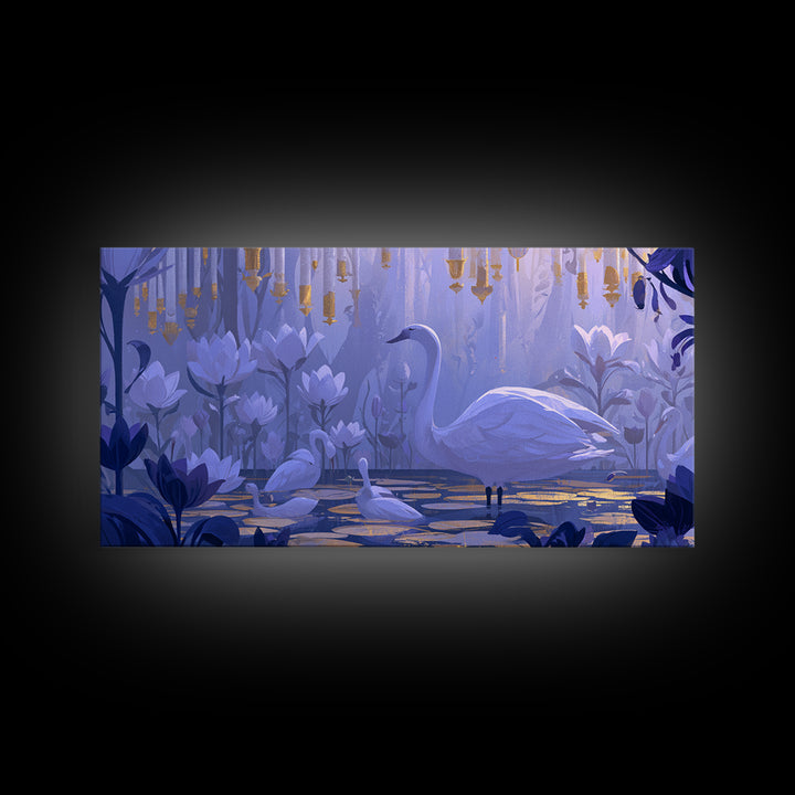 White Swan Transformation Scene Framed Canvas Print, Fairy Tale Art, Painting, Living Room Decor, Fine Art, Storybook, FTA-2x1-83