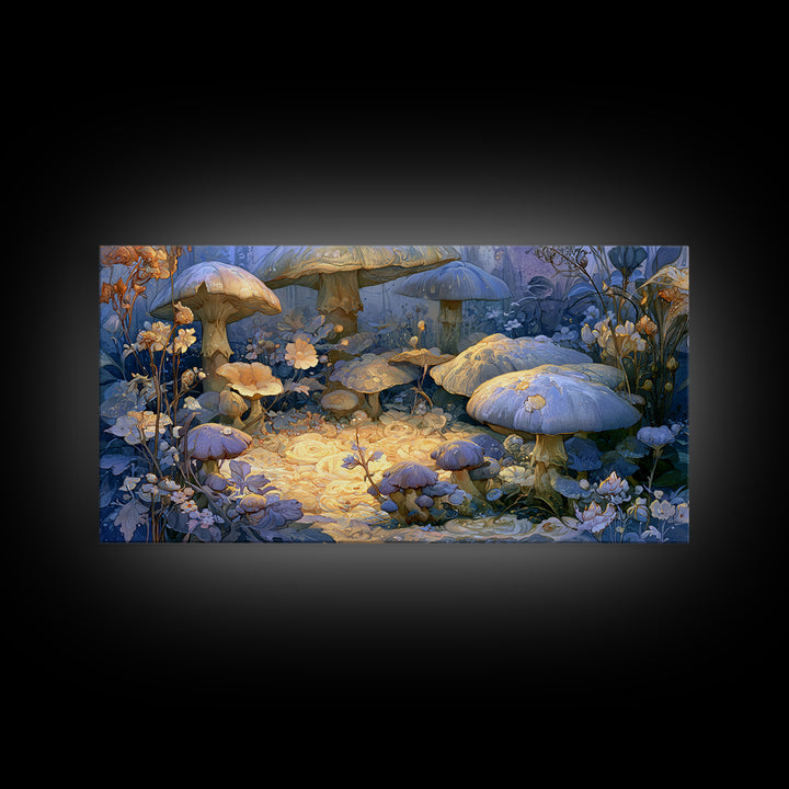 Fairy Ring of Mushrooms and Wildflowers Canvas Print, Fairy Tale Art, Nursery Art, Living Room Decor, Oil Painting, Storybook, FTA-2x1-89
