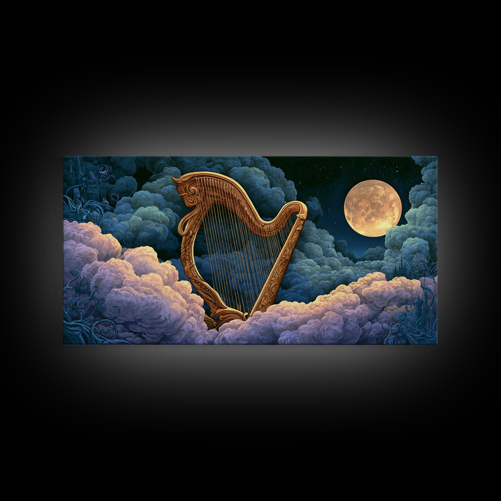 Golden Harp in a Cloud Kingdom Framed Canvas Print, Fairy Tale Art, Art Deco, Living Room Decor, Oil Painting, Storybook, FTA-2x1-90