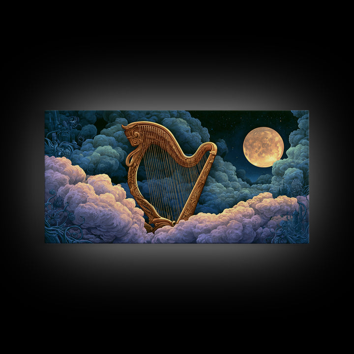 Golden Harp in a Cloud Kingdom Framed Canvas Print, Fairy Tale Art, Art Deco, Living Room Decor, Oil Painting, Storybook, FTA-2x1-90