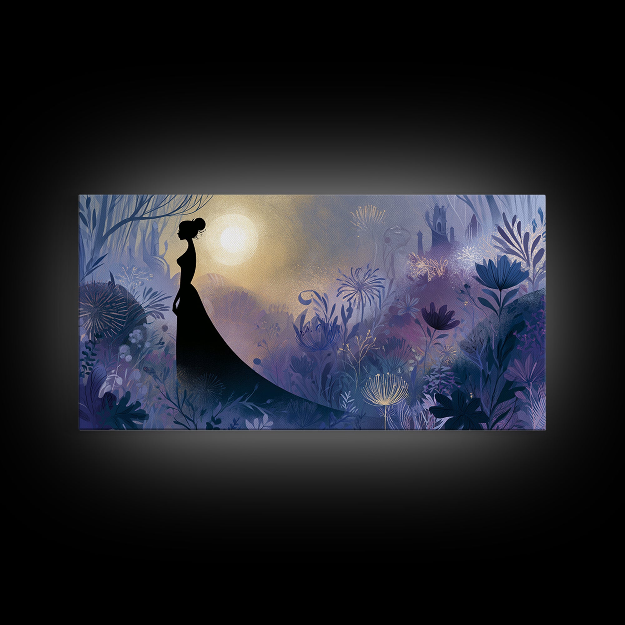 Princess Silhouette with Moonlit Garden Flowers Canvas Print, Fairy Tale Art, Princess Wall Art, Living Room Decor, Storybook, FTA-2x1-96
