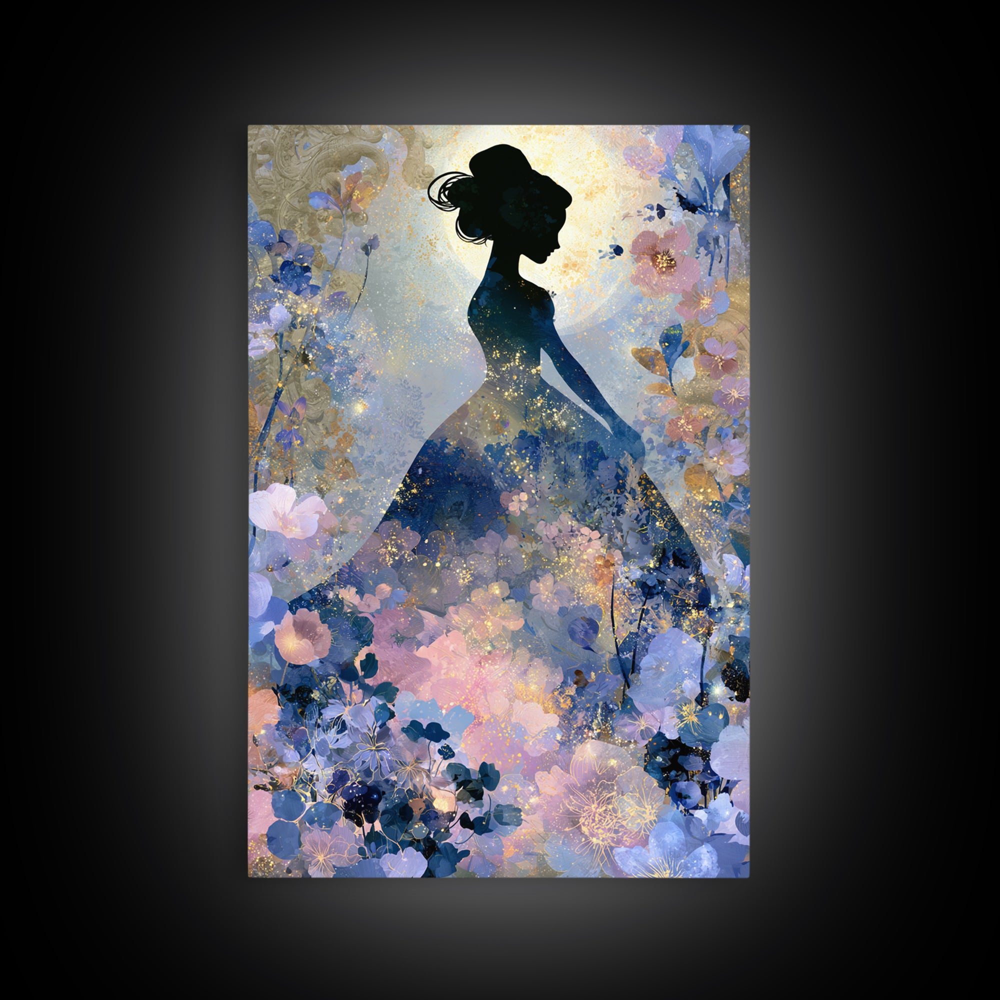 Princess Silhouette with Moonlit Garden Flowers Framed Canvas Print, Fairy Tale Art, Art Deco, Living Room Decor, Storybook, FTA-2x3-12