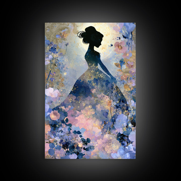 Princess Silhouette with Moonlit Garden Flowers Framed Canvas Print, Fairy Tale Art, Art Deco, Living Room Decor, Storybook, FTA-2x3-12