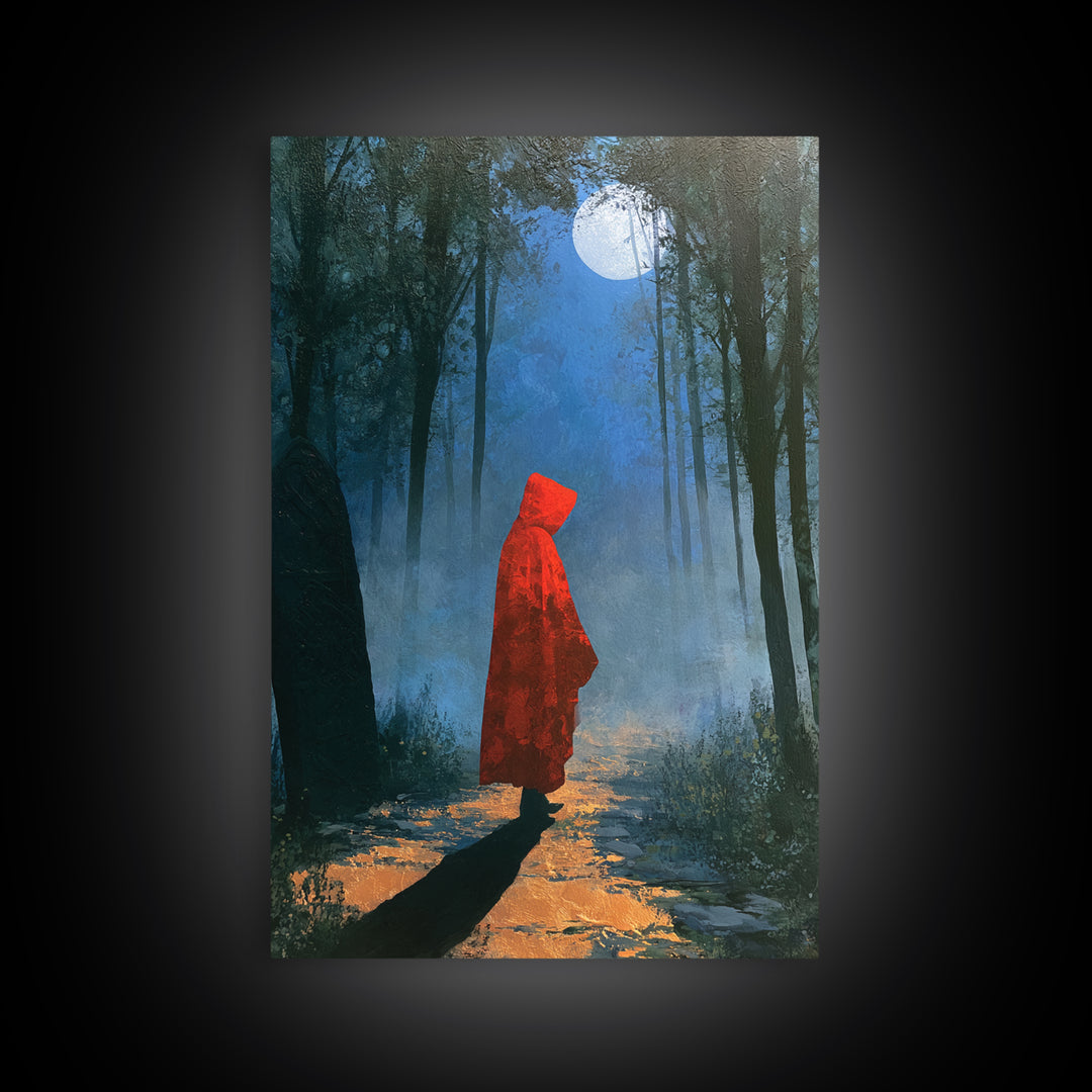 Red Cloak Figure Walking Through Dark Woods Canvas Print, Fairy Tale Art, Gallery Decor, Living Room Decor, Fine Art, Storybook, FTA-2x3-16