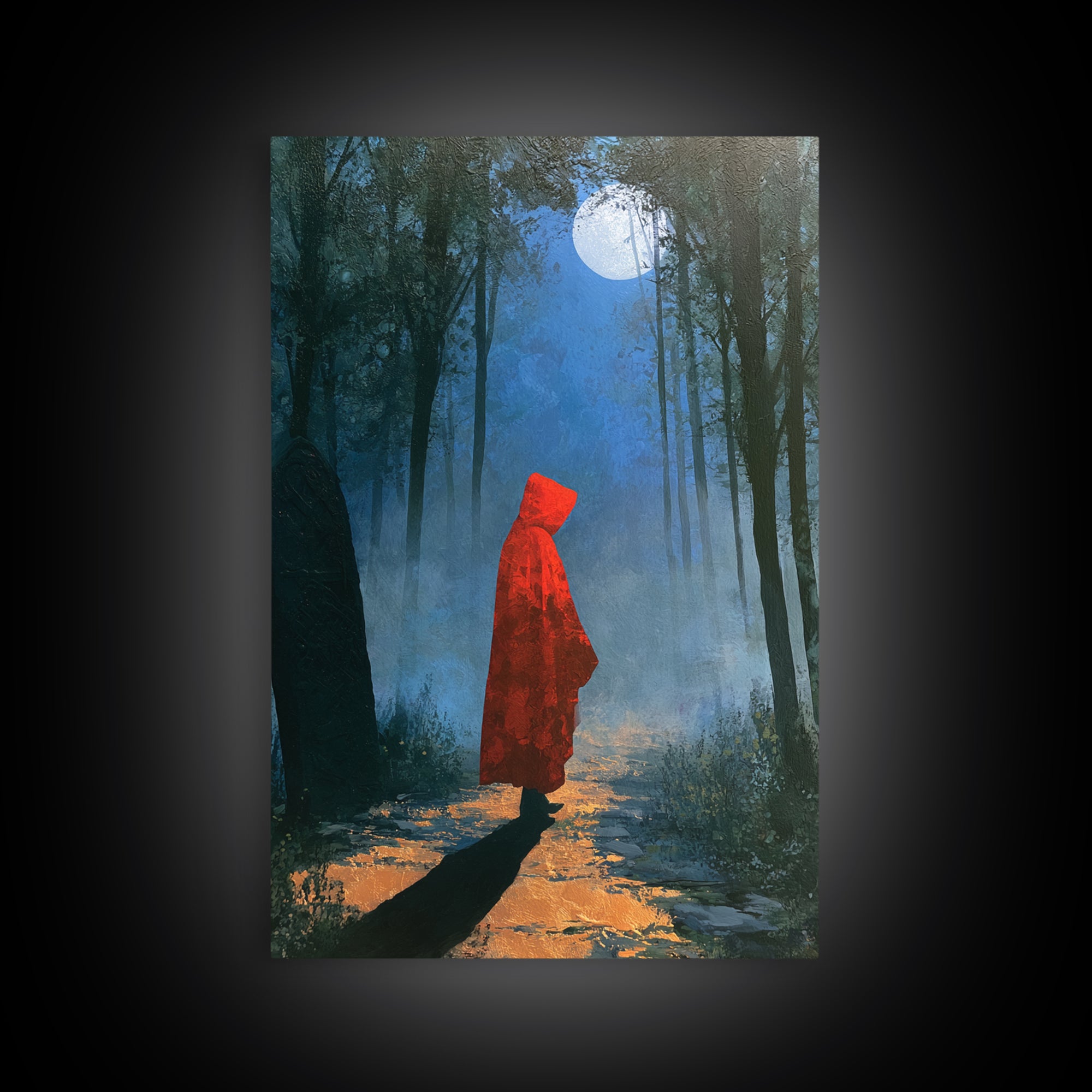 Red Cloak Figure Walking Through Dark Woods Canvas Print, Fairy Tale Art, Gallery Decor, Living Room Decor, Fine Art, Storybook, FTA-2x3-16