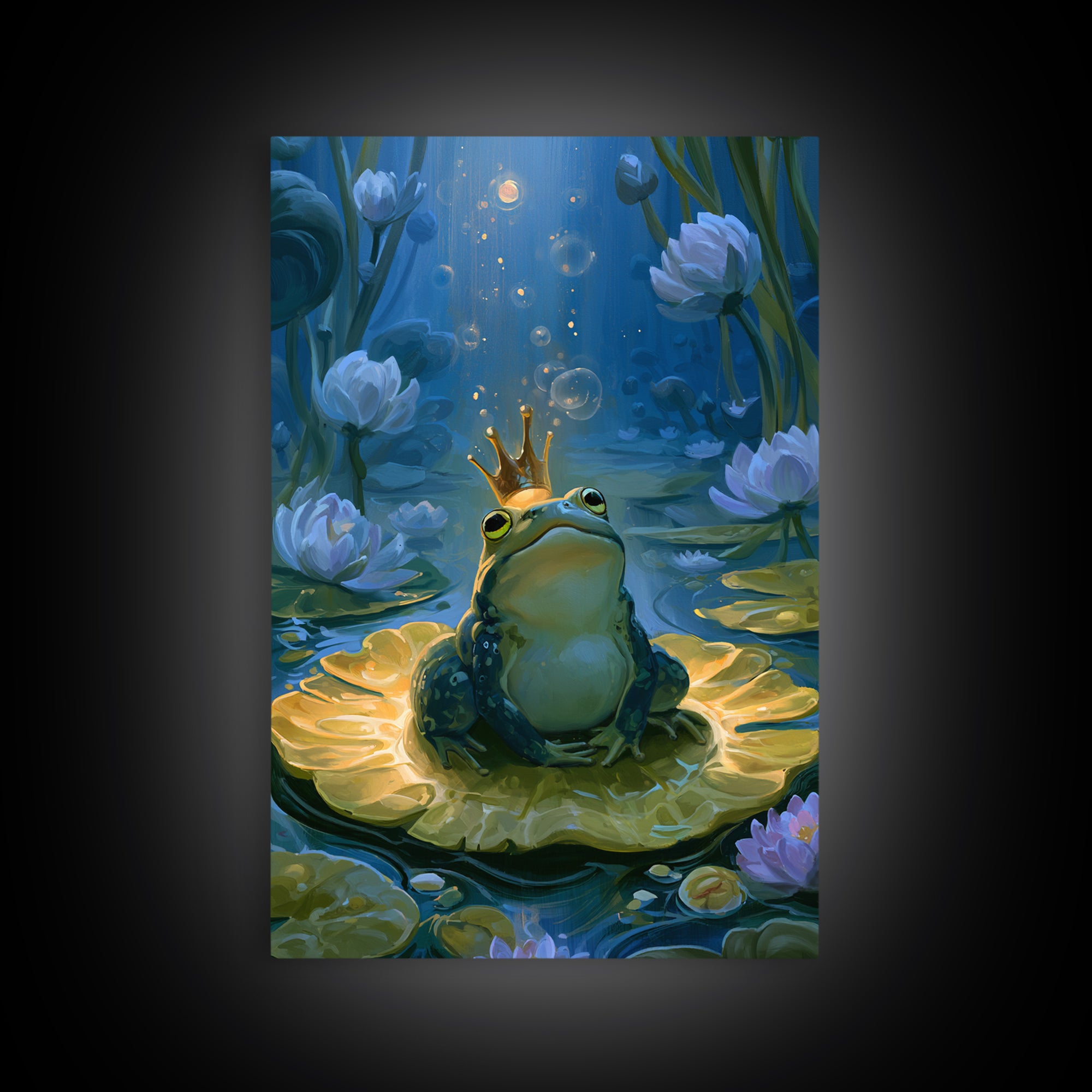 Frog Prince on a Lily Pad Framed Canvas Print, Fairy Tale Art, Contemporary Art, Living Room Decor, Fine Art, Storybook, FTA-2x3-19