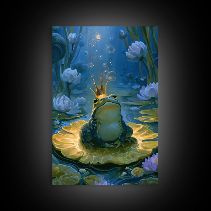 Frog Prince on a Lily Pad Framed Canvas Print, Fairy Tale Art, Contemporary Art, Living Room Decor, Fine Art, Storybook, FTA-2x3-19