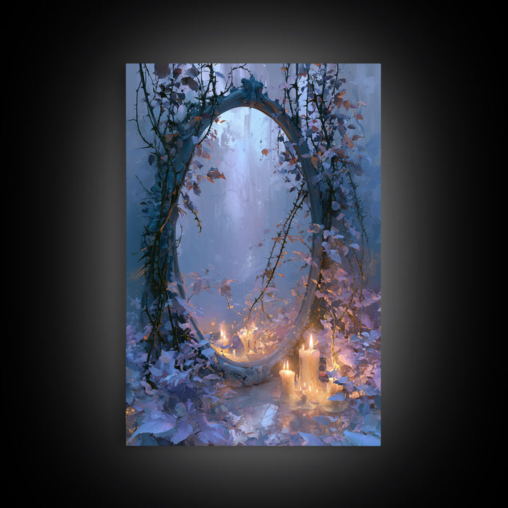 Magic Mirror Framed by Vines and Thorns Framed Canvas Print, Fairy Tale Art, Art Deco, Living Room Decor, Oil Painting, FTA-2x3-21