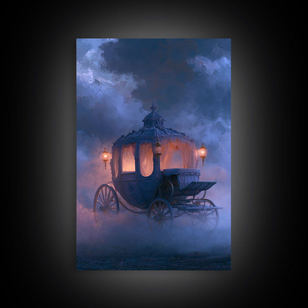 Pumpkin Carriage under Midnight Sky Framed Canvas Print, Fairy Tale Art, Modern Decor, Living Room Decor, Fine Art, Storybook, FTA-2x3-24