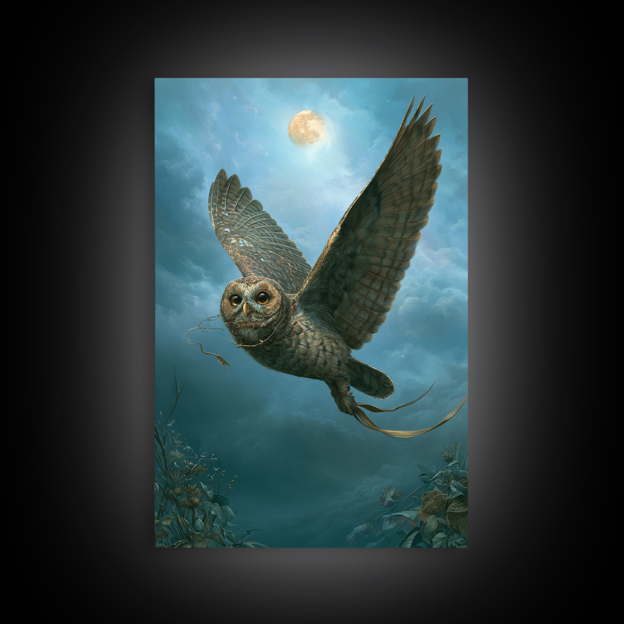 Owl Messenger Carrying a Tiny Ribbon Framed Canvas Print, Fairy Tale Art, Original Art, Living Room Decor, Fine Art, Storybook, FTA-2x3-25