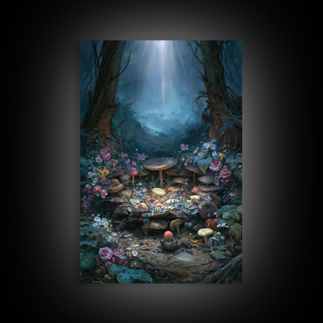 Fairy Ring of Mushrooms and Wildflowers Canvas Print, Fairy Tale Art, Nursery Wall Art, Living Room Decor, Watercolor Art, FTA-2x3-29