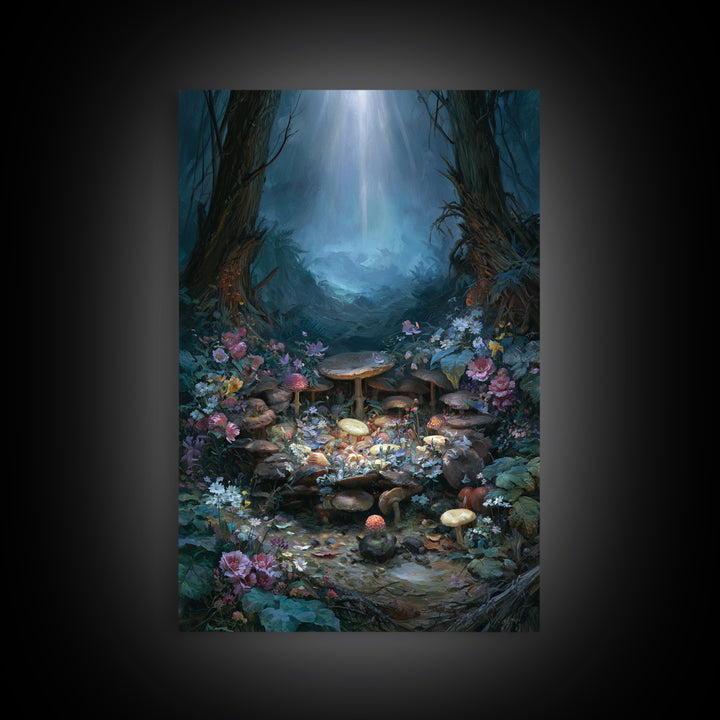 Fairy Ring of Mushrooms and Wildflowers Canvas Print, Fairy Tale Art, Nursery Wall Art, Living Room Decor, Watercolor Art, FTA-2x3-29
