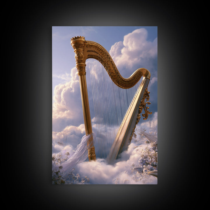 Golden Harp in a Cloud Kingdom Framed Canvas Print, Fairy Tale Art, Minimalist Decor, Living Room Decor, Fine Art, Storybook, FTA-2x3-30