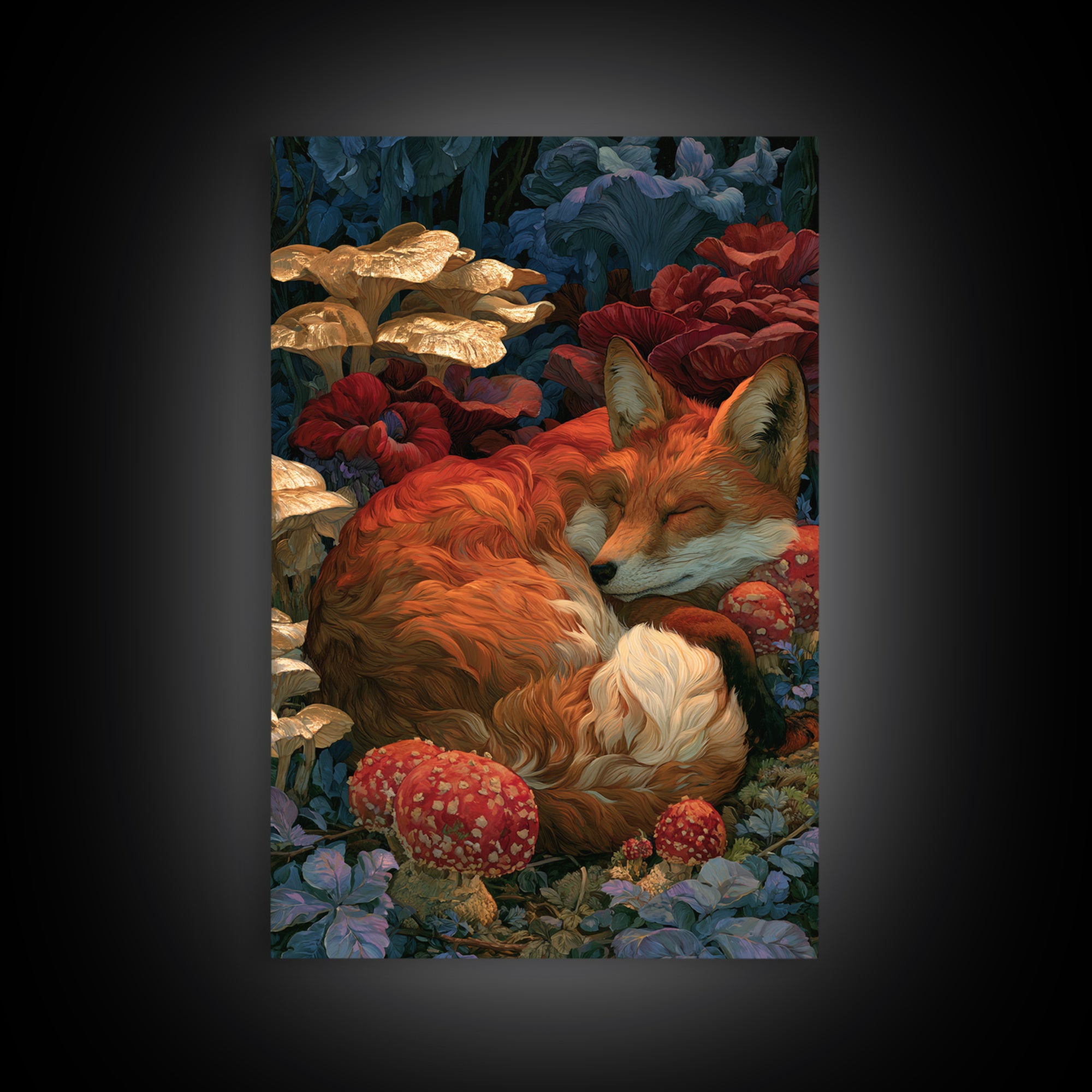Sleeping Fox Beside a Magical Mushroom Ring Canvas Print, Fairy Tale Art, Nursery Wall Art, Living Room Decor, Watercolor Art, FTA-2x3-35