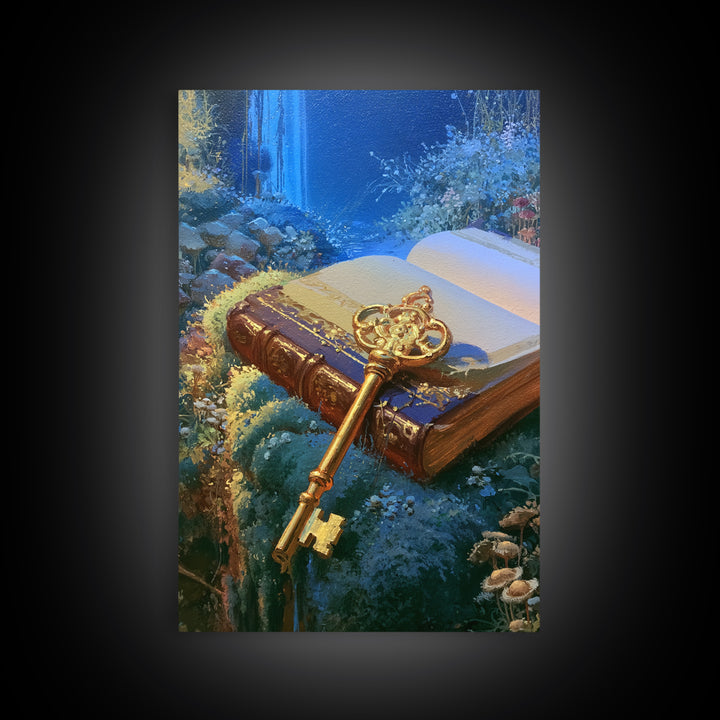 Golden Key and Enchanted Book Still Life Framed Canvas Print, Fairy Tale Art, Abstract Art, Living Room Decor, Storybook, FTA-2x3-41