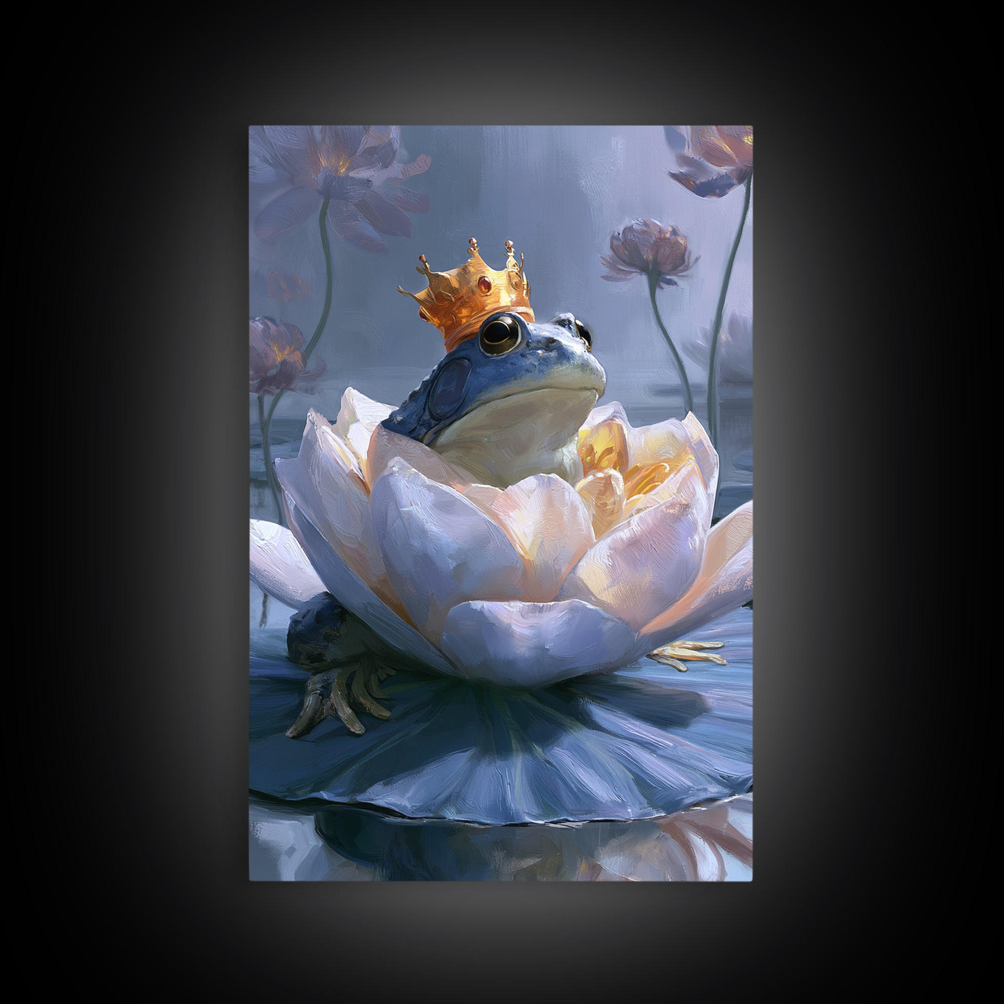 Frog Prince on a Lily Pad Framed Canvas Print, Fairy Tale Art, Canvas Wall Art, Living Room Decor, Fine Art, Storybook, FTA-2x3-43