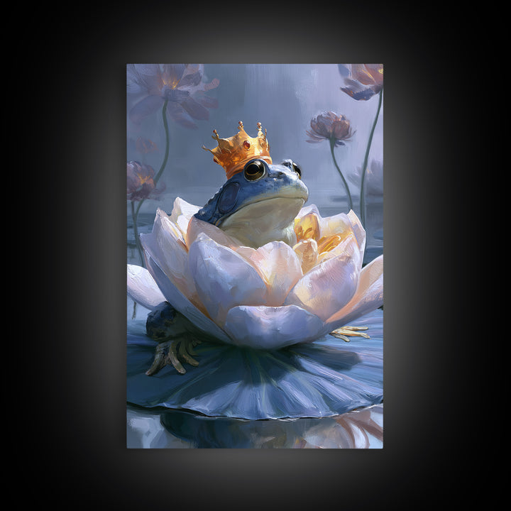 Frog Prince on a Lily Pad Framed Canvas Print, Fairy Tale Art, Canvas Wall Art, Living Room Decor, Fine Art, Storybook, FTA-2x3-43