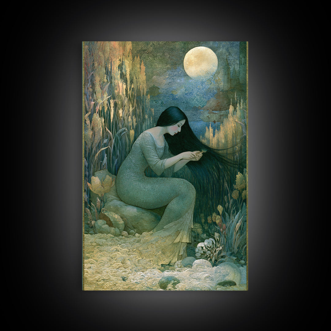 Mermaid Combing Hair Beneath a Pearl Moon Canvas Print, Fairy Tale Art, Luxury Decor, Living Room Decor, Storybook, FTA-2x3-44