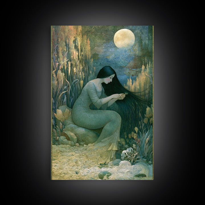 Mermaid Combing Hair Beneath a Pearl Moon Canvas Print, Fairy Tale Art, Luxury Decor, Living Room Decor, Storybook, FTA-2x3-44