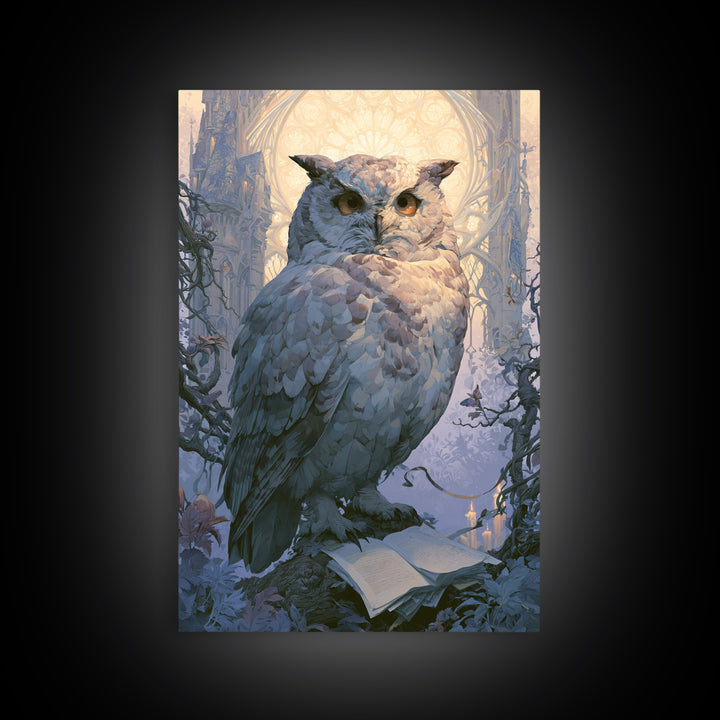 Owl Messenger Carrying a Tiny Ribbon Canvas Print, Fairy Tale Art, Whimsical Decor, Living Room Decor, Fine Art, Storybook, FTA-2x3-49