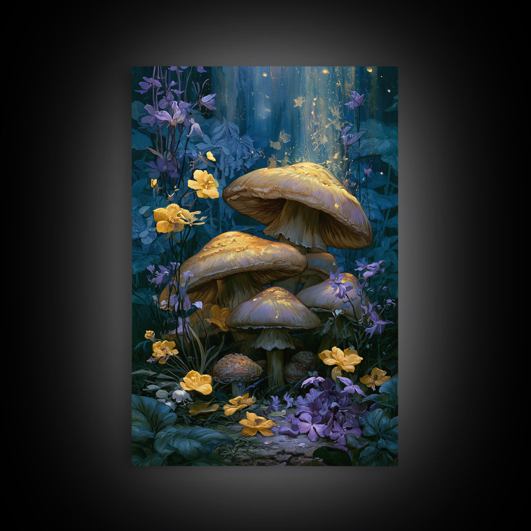 Fairy Ring of Mushrooms and Wildflowers Framed Canvas Print, Fairy Tale Art, Boho Wall Art, Living Room Decor, Watercolor Art, FTA-2x3-53