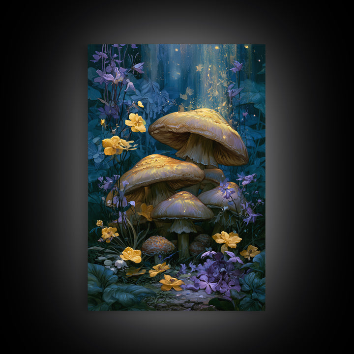 Fairy Ring of Mushrooms and Wildflowers Framed Canvas Print, Fairy Tale Art, Boho Wall Art, Living Room Decor, Watercolor Art, FTA-2x3-53
