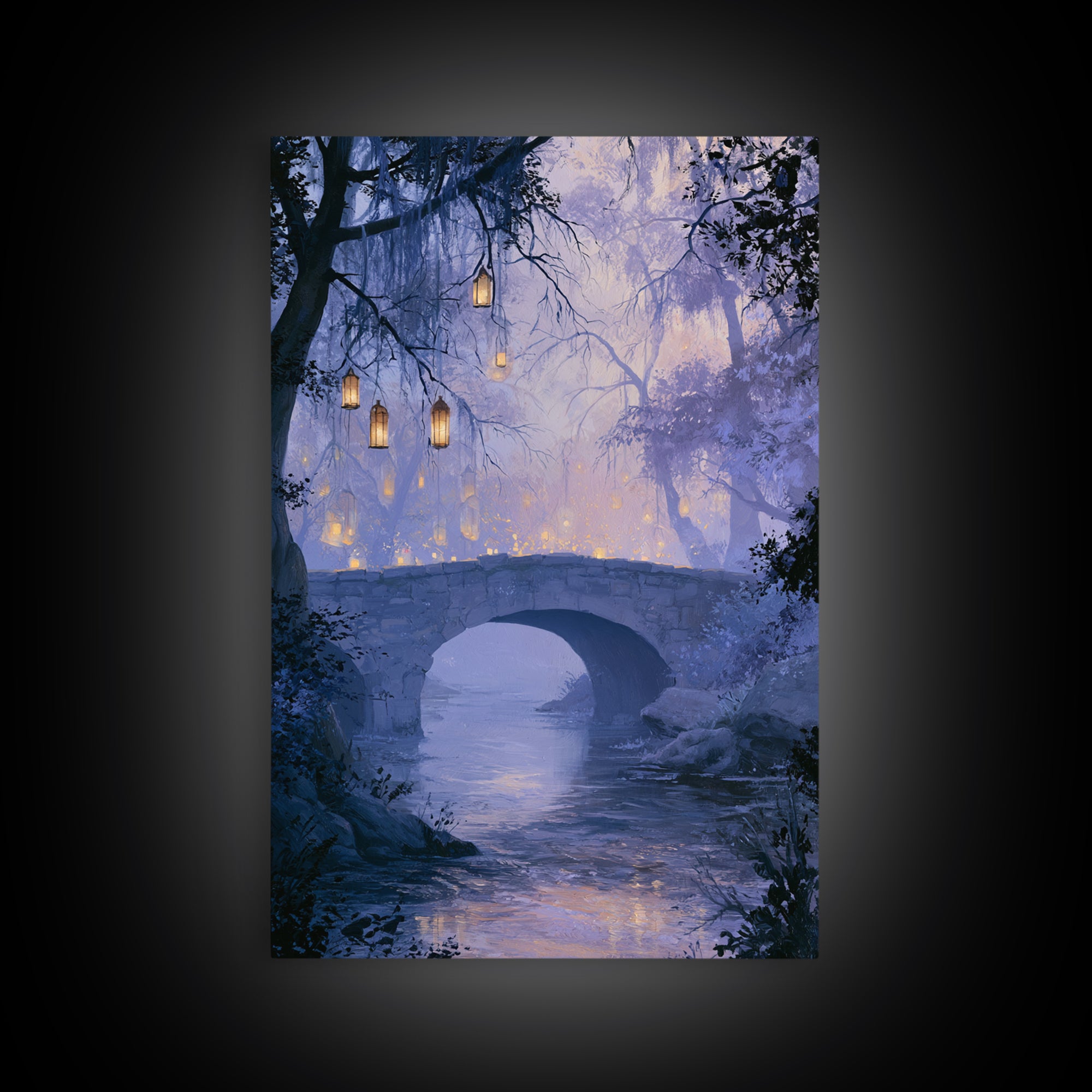 Lantern Lit Bridge Framed Canvas Print, Fairy Tale Art, Original Art, Living Room Decor, Fine Art, Storybook, Folk Art, FTA-2x3-55