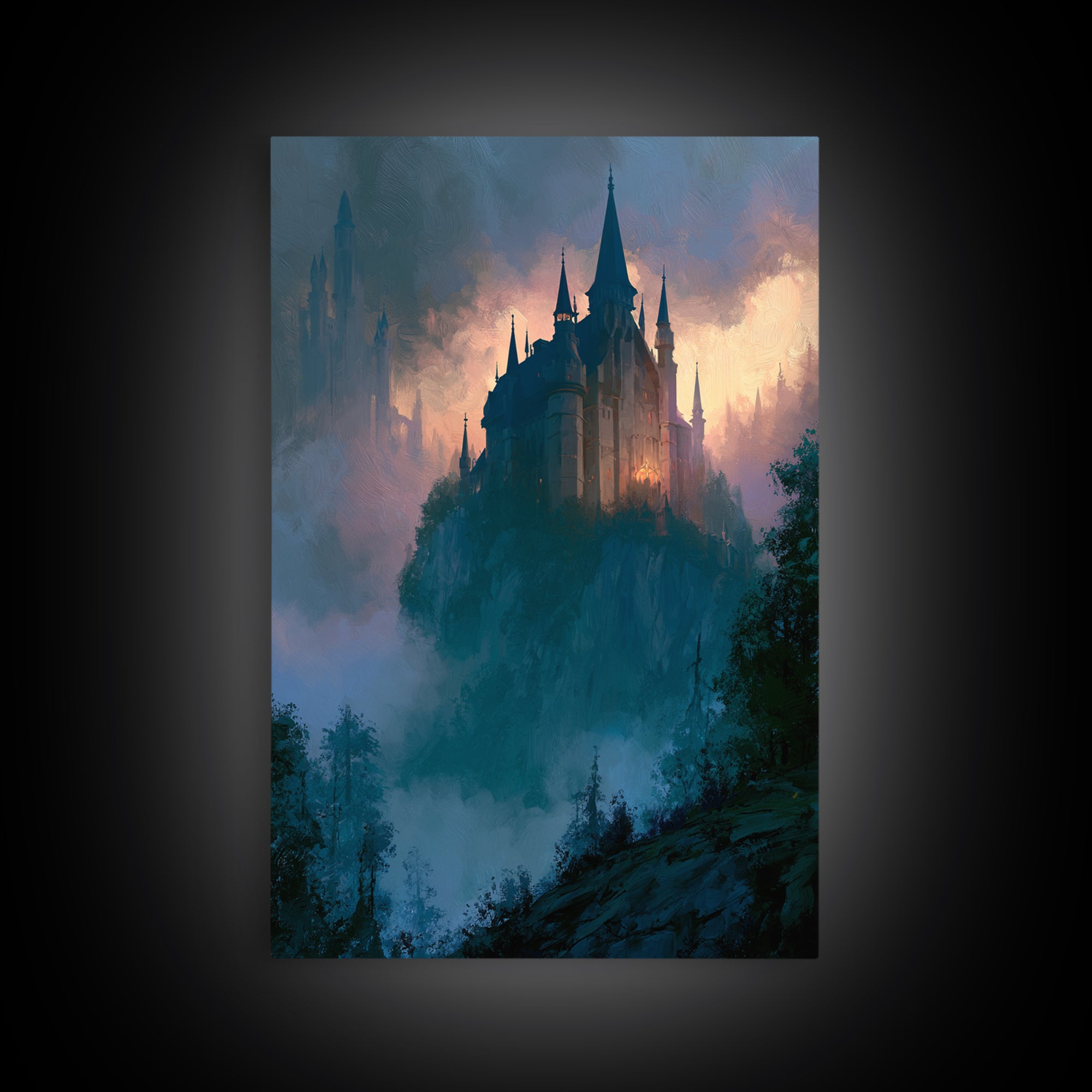 Storybook Castle on a Misty Hill Canvas Print, Fairy Tale Art, Canvas Wall Art, Living Room Decor, Fine Art, Storybook, FTA-2x3-58
