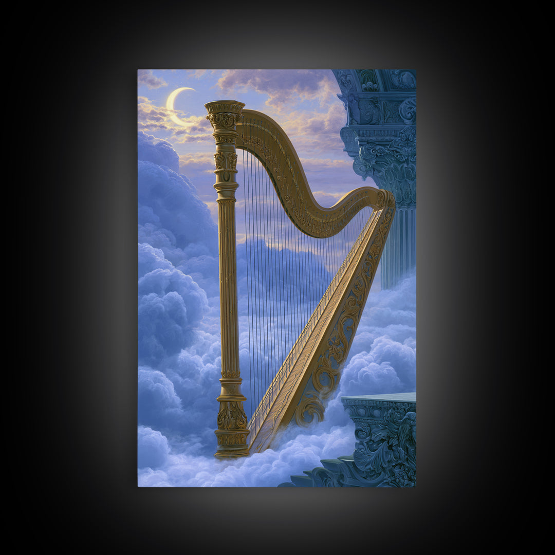 Golden Harp in a Cloud Kingdom Framed Canvas Print, Fairy Tale Art, Minimalist Decor, Living Room Decor, Fine Art, Storybook, FTA-2x3-6