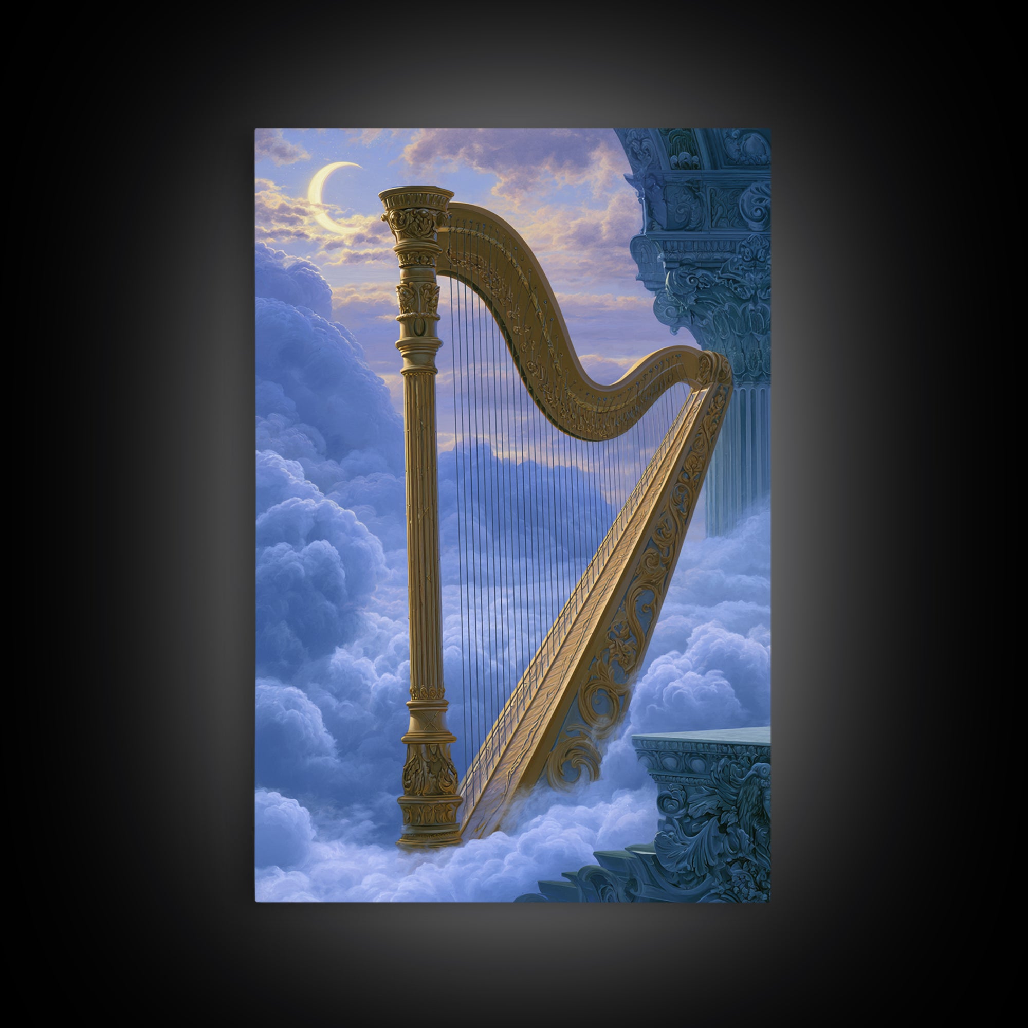 Golden Harp in a Cloud Kingdom Framed Canvas Print, Fairy Tale Art, Minimalist Decor, Living Room Decor, Fine Art, Storybook, FTA-2x3-6