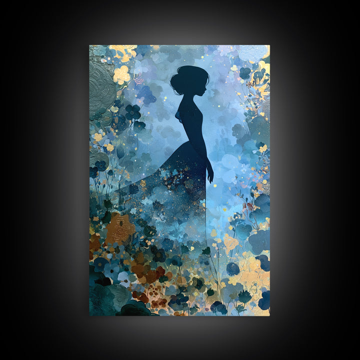 Princess Silhouette with Moonlit Garden Flowers Canvas Print, Fairy Tale Art, Art Nouveau, Living Room Decor, Storybook, FTA-2x3-60