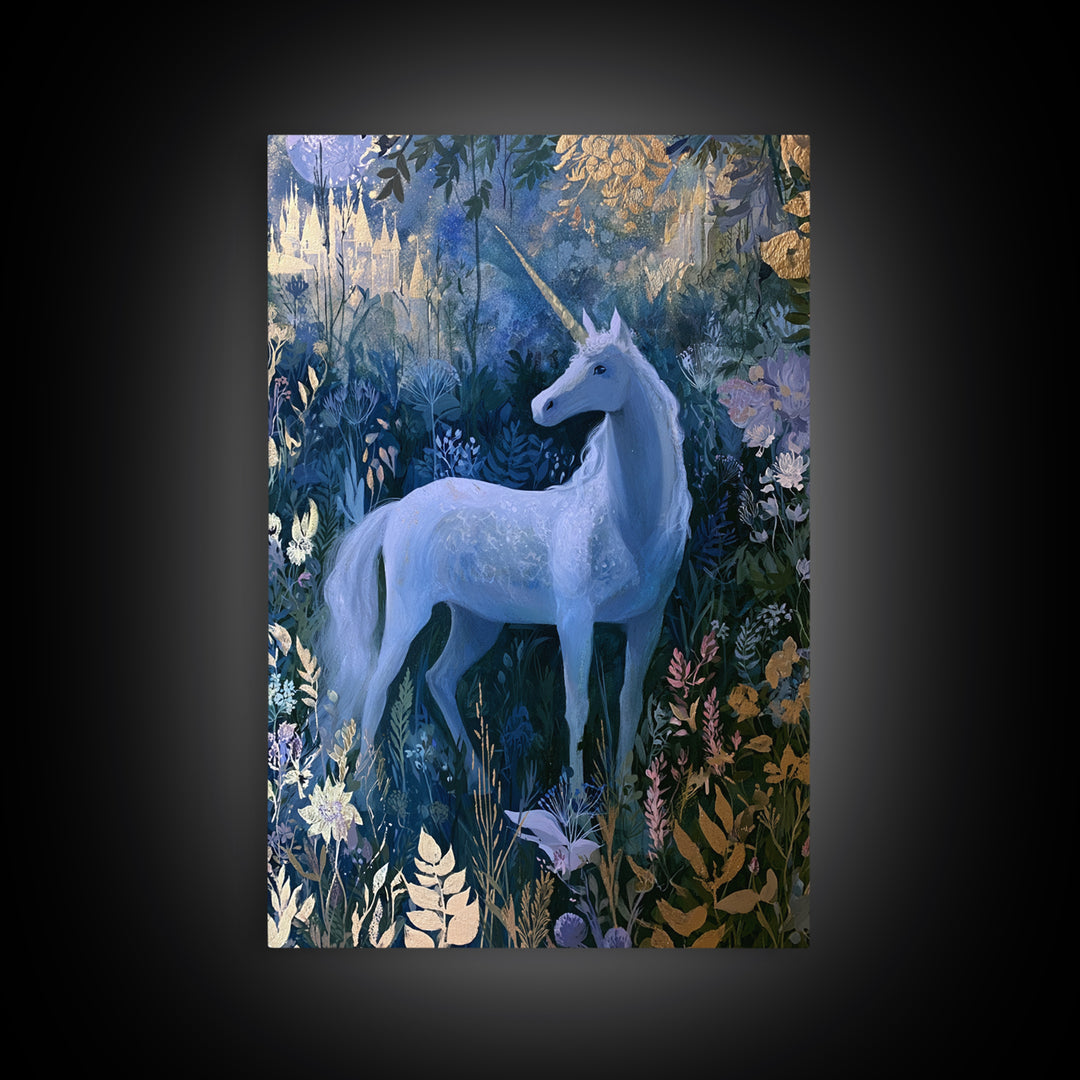 Unicorn in a Moonlit Meadow Canvas Print, Fairy Tale Art, Art Deco, Living Room Decor, Fine Art, Storybook, Whimsical Art, FTA-2x3-66