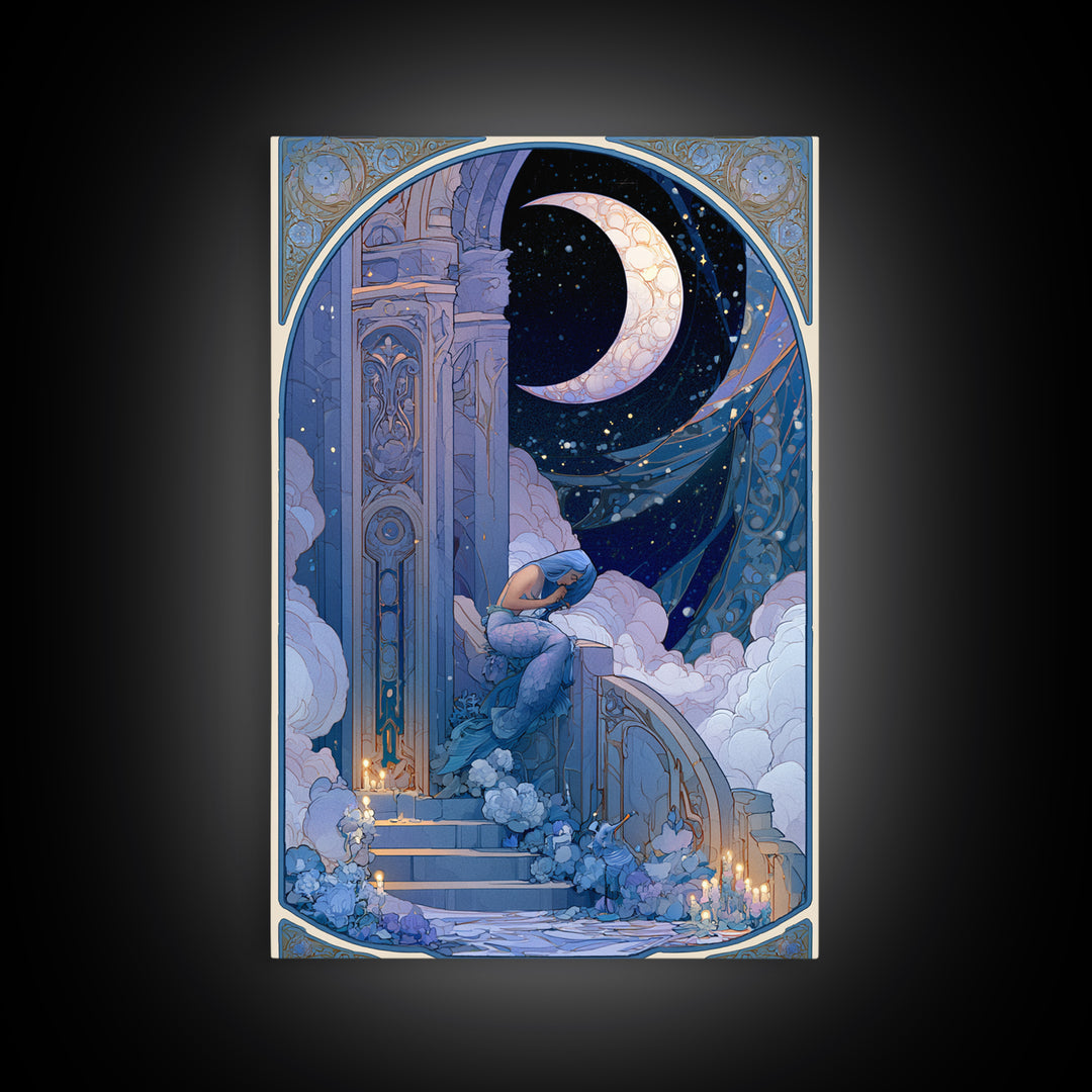 Mermaid Combing Hair Beneath a Pearl Moon Framed Canvas Print, Fairy Tale Art, Nursery Art, Living Room Decor, Storybook, FTA-2x3-68