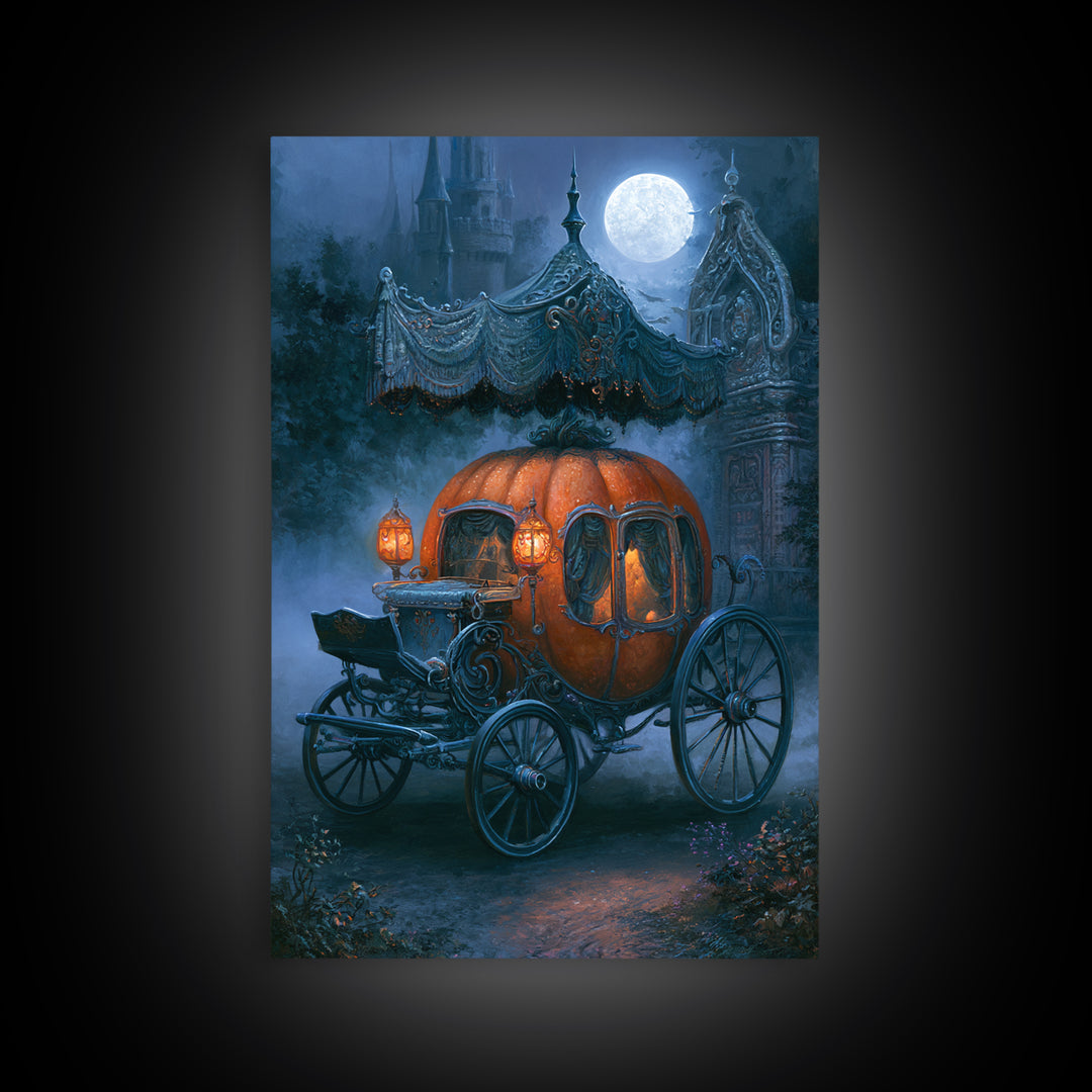 Pumpkin Carriage under Midnight Sky Canvas Print, Fairy Tale Art, Art Deco, Living Room Decor, Oil Painting, Storybook, FTA-2x3-72