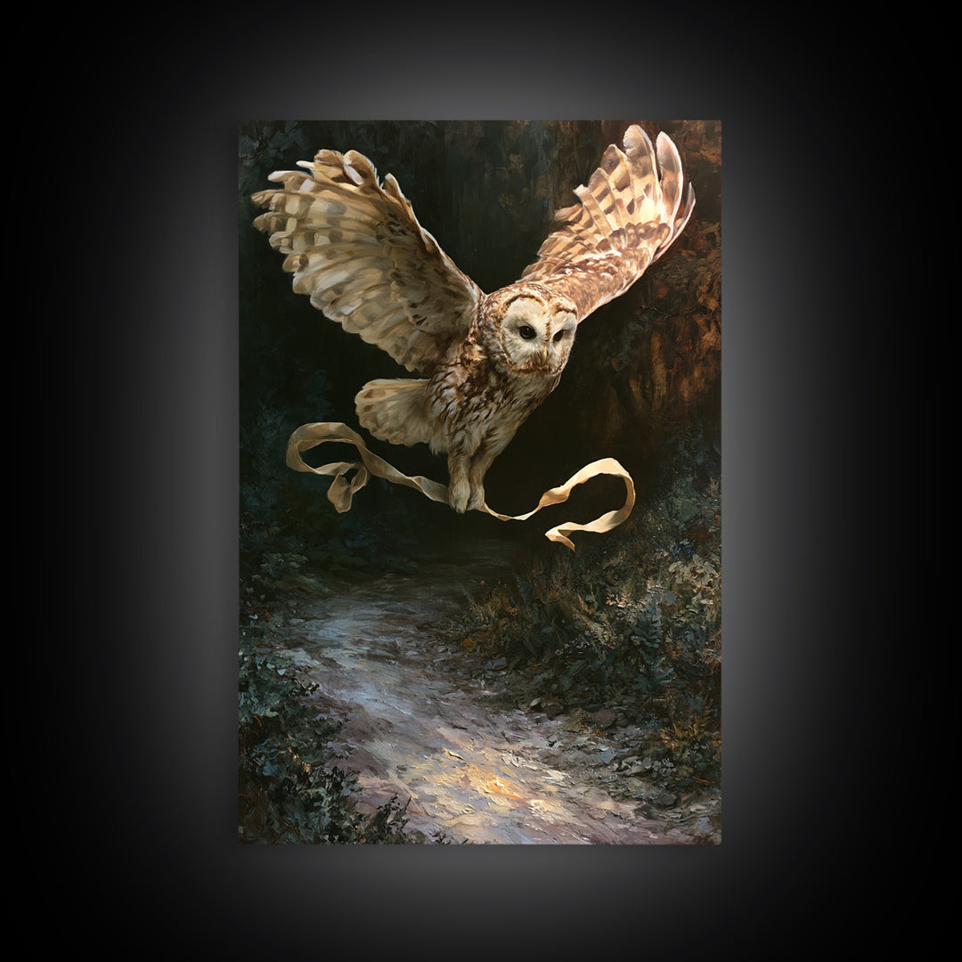 Owl Messenger Carrying a Tiny Ribbon Framed Canvas Print, Fairy Tale Art, Whimsical Art, Living Room Decor, Fine Art, Storybook, FTA-2x3-73