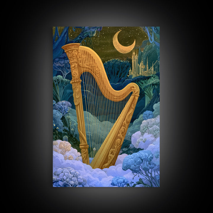 Golden Harp in a Cloud Kingdom Framed Canvas Print, Fairy Tale Art, Art Nouveau, Living Room Decor, Fine Art, Storybook, FTA-2x3-78
