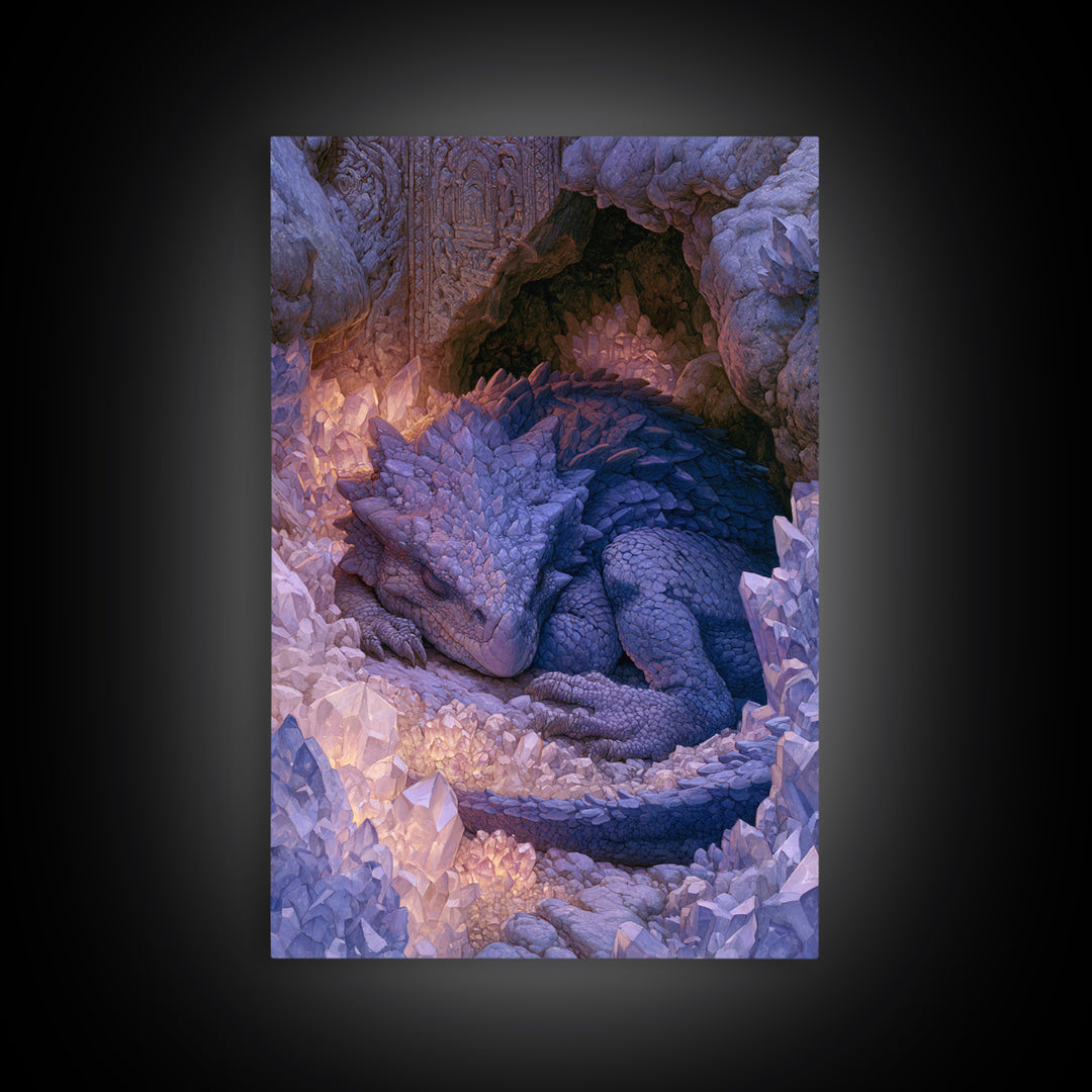 Sleeping Dragon in a Cave of Crystals Canvas Print, Fairy Tale Art, Nursery Wall Art, Living Room Decor, Storybook, Fantasy Art, FTA-2x3-80