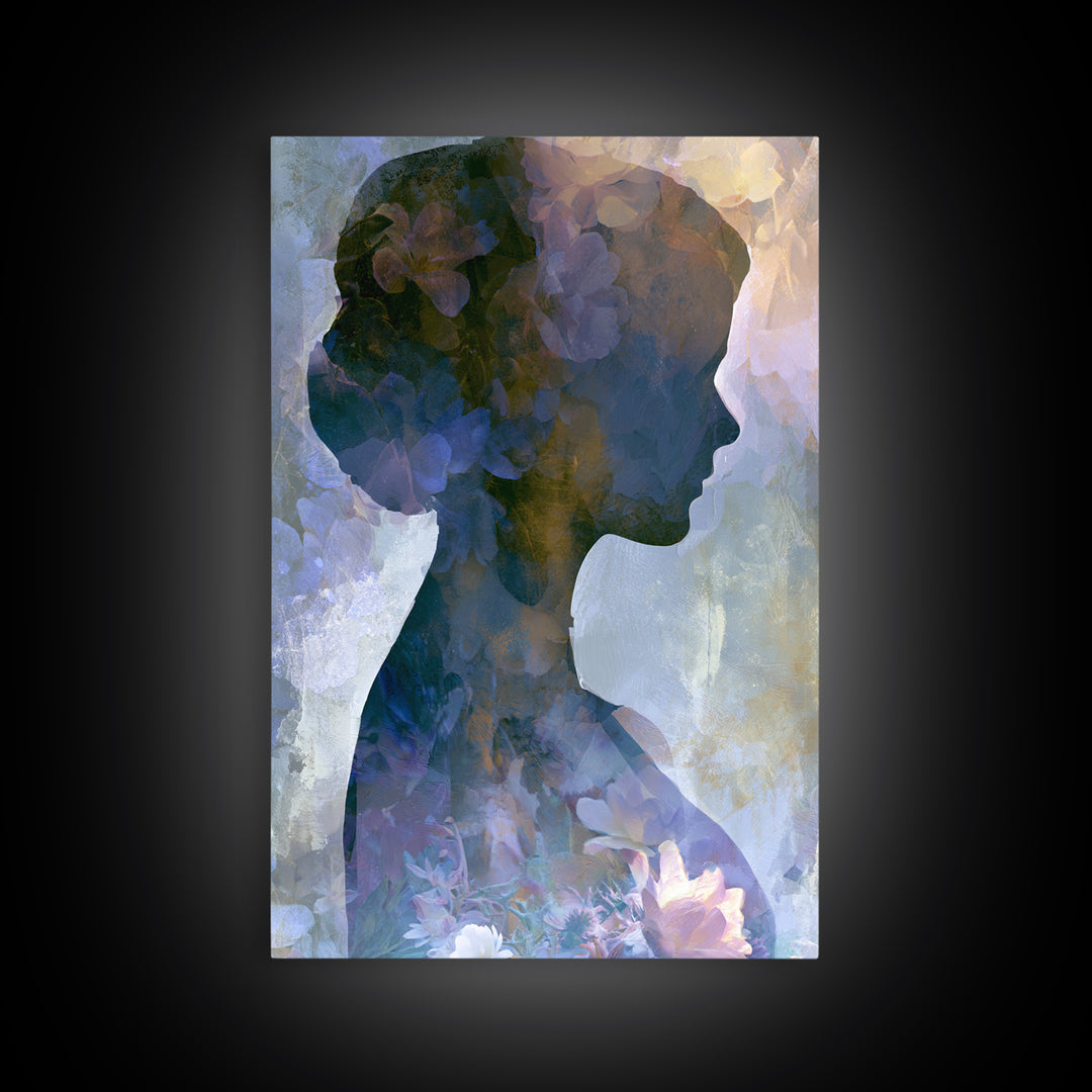 Princess Silhouette with Moonlit Garden Flowers Canvas Print, Fairy Tale Art, Modern Decor, Living Room Decor, Storybook, FTA-2x3-84