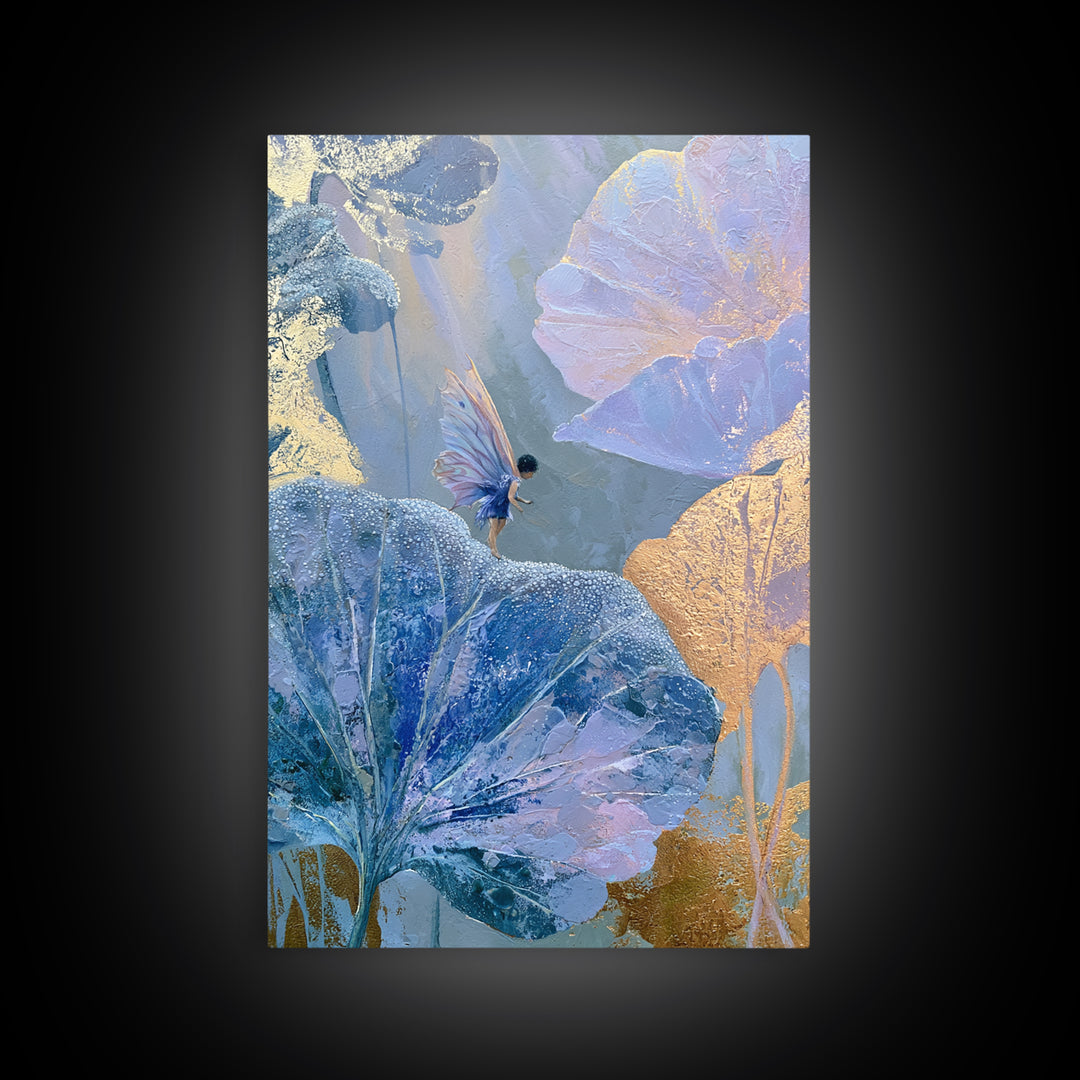 Tiny Fairy Resting on a Dew Covered Framed Canvas Print, Fairy Tale Art, Mixed Media Art, Living Room Decor, Oil Painting, FTA-2x3-87
